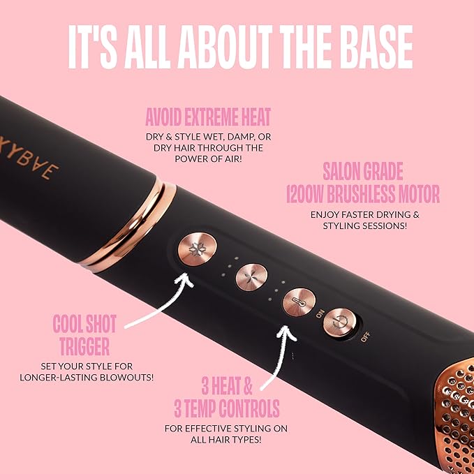FoxyBae Super Styler Pro Interchangeable 5 in 1 Hair Styler Wand Curling Iron Set - w/Drying Cylinder, Ceramic Blowout & Round Brushes, 2 Auto-Wrap Curlers - Frizz-Free, Smooth Hair [Black Rose-Gold]