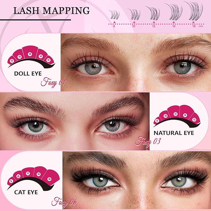 Nova Lash Clusters Kit - 360 pcs Lash Clusters Natural Look Invisible Band Eyelash Clusters Lash Extension Kit with Bond and Seal 0.07D D Curl WideSpan Cluster Eyelash Extension Kit 8-16mm DIY at Home