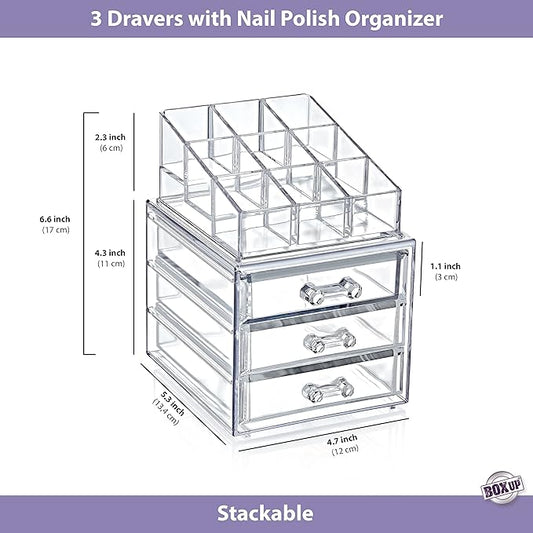 Boxup Makeup Organizer 3 Drawers,Makeup Organizers For Nail Polishers Clear Cosmetic Display Cases Stackable Storage Box With 3 Drawers For Vanity