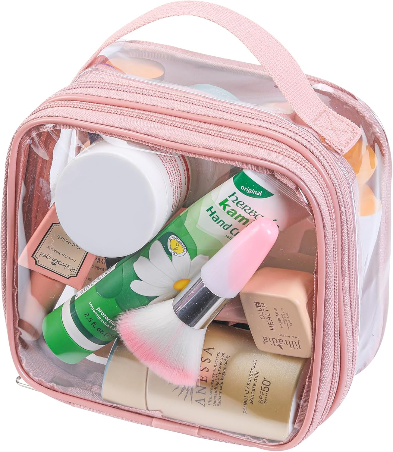 TSA approved small toiletry bag - clear travel pouch carry on case organizer reusable see-through pvc plastic small （pink