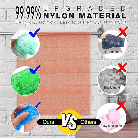 UJFQBH 3 Pieces African exfoliating net African Net Long Net Bath Sponge Exfoliating Shower Body Scrubber Back Scrubber Skin Smoother,Great for Daily Use (Yellow, Green, Blue)