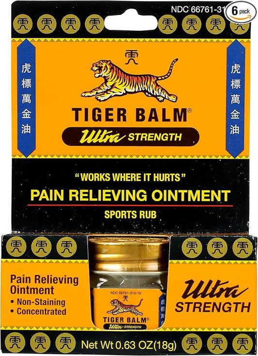 Tiger Balm Ultra Strength Rub Balm, Alcohol Free, Cruelty Free, 0.63 Ounce (Pack of 6)