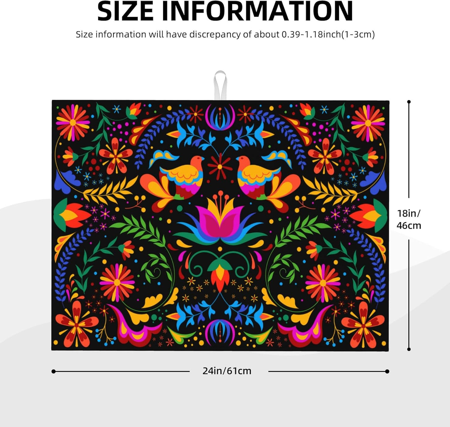 Mexican Flower Microfiber Dish Drying Mat for Kitchen Counter Mexican Dishes Pad Black Dish Drainer Rack Mats 18"x24" Absorbent Washable Reusable