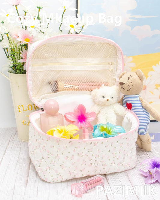 Quilted Makeup Bag Large Travel Zipper Soft Cosmetic Case for Women Girls Make Up,Little Flower Pink
