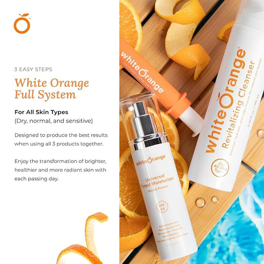White Orange Full System 3 Step Skincare Routine Premium Anti-Aging Regimen Bundle For Healthy Glowing Skin - Revitalizing Cleanser, Advanced Vitamin C Serum & Universal Tinted Moisturizer with SPF 44