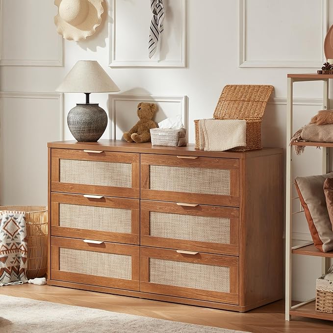 LEYAOYAO Rattan Dresser and Nightstand Sets 3 Piece, Boho Wood Dresser for Bedroom with 6 Drawers and Night Stand with Charging Station, Bedroom Furniture, Dressers & Chests of Drawers, Living Room