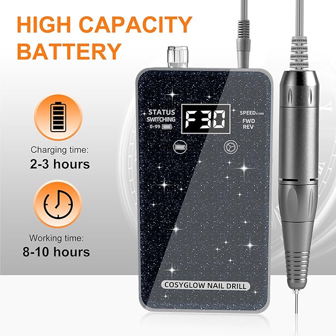 Professional Electric Nail Drill File:COSYGLOW Glitter Portable Cordless E-File Nail Drill Kit with 11 Drill Bits,30000 RPM Rechargeable Nail Drills Machine for Acrylic Nails Gel Polishing(Black)