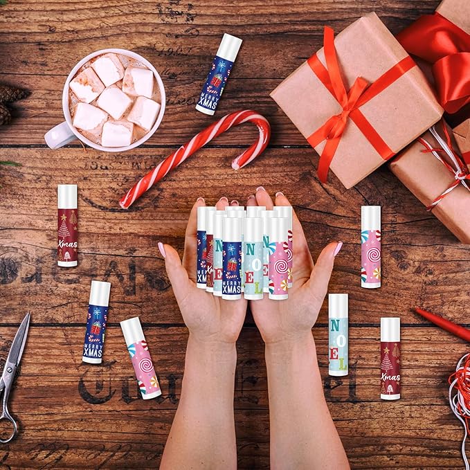 Sosation 80 Pcs Christmas Flavored Lip Balm Bulk Christmas Stocking Gift Set Holiday Celebrate Lip Balm Stick Beauty Care