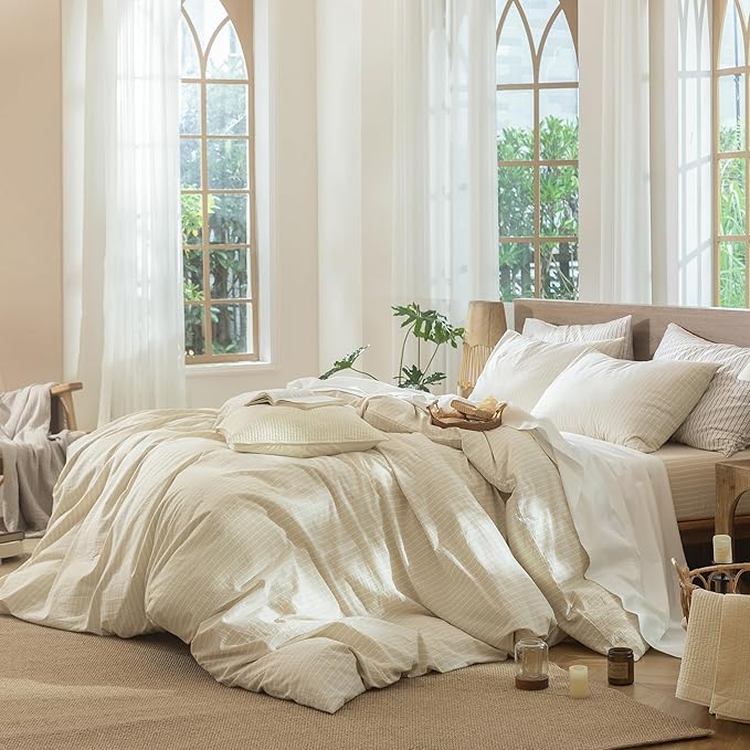 MooMee Striped Duvet Cover Set 100% Washed Cotton Linen Like Textured Breathable Durable Soft Comfy (Almond Milk Grey White Wide Stripes, Oversized Queen 98"x98")