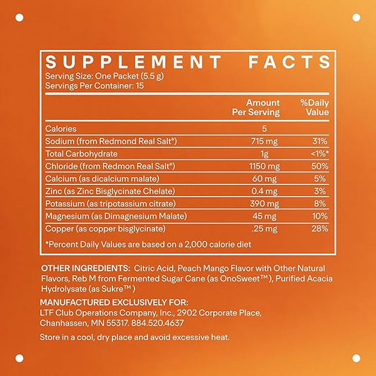 LTH Hydrate Hydration Mix - Trusted by Life Time Fitness Members - NSF Certified for Sport - Electrolyte Powder - Plant-Based, Non-GMO, Gluten Free - 15 Single-Serve Packets (Peach Mango) - 2-Pack