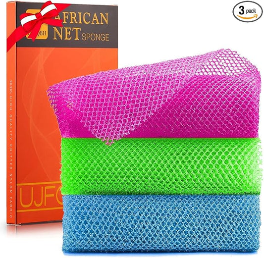 UJFQBH 3 Pieces African Bath Sponge African Net Long Net Bath Sponge Exfoliating Shower Body Scrubber Back Scrubber Skin Smoother,Great for Daily Use (Rose Red, Blue, Green)
