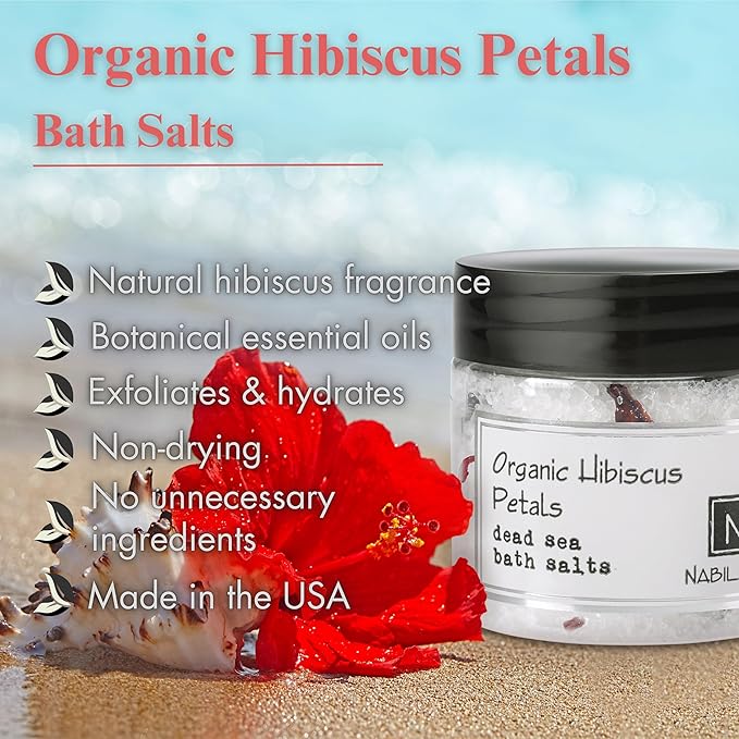 Organic Hibiscus Petals Bath Salts by Nabila K - Dead Sea Salt & Epsom Salt Scrub & Soak - Exfoliates & Hydrates Skin, Botanical Essential Oils - Bubble Bath Accessories for All Skins Types, 2 oz