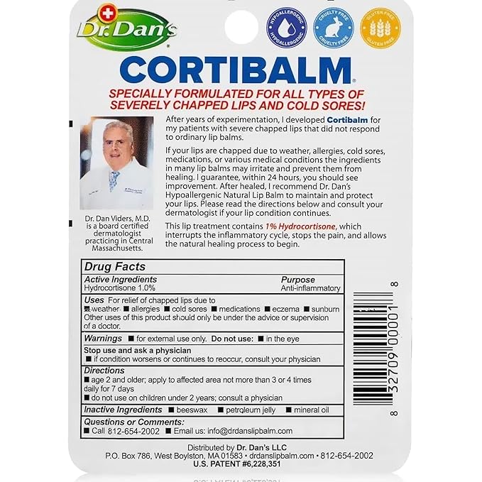Dr. Dan's Cortibalm 2 pack -for Dry Cracked Lips Healing for Severely Chapped Lips - Designed for Men, Women and Children - 2 Pack