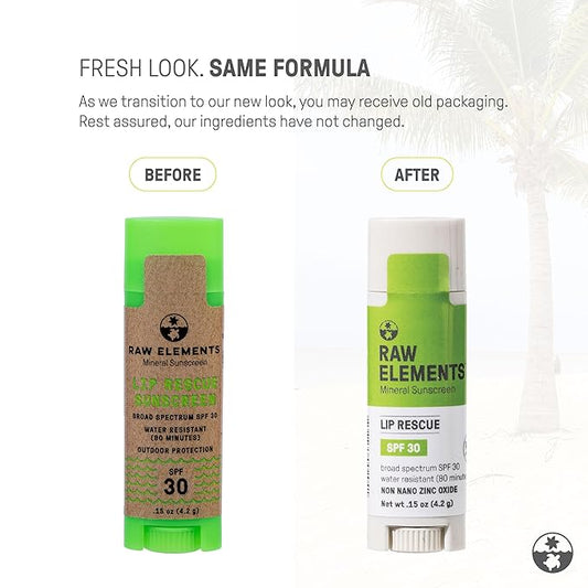 Raw Elements Organic Outdoor Sunscreen Lip Balm Rescue - SPF 30, UVA-UVB Protection, Reef-Safe, Non-Nano Zinc, Water Resistant, 0.15 oz (Pack of 1)