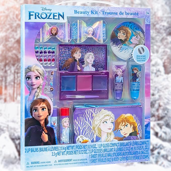 Disney Frozen - Townley Girl Super Sparkly Cosmetic Beauty Makeup Set For Girls with Clips, Lip Gloss, Nail Stickers, Lip Balm, Nail Gems and Mirror For Parties, Sleepovers & Makeovers