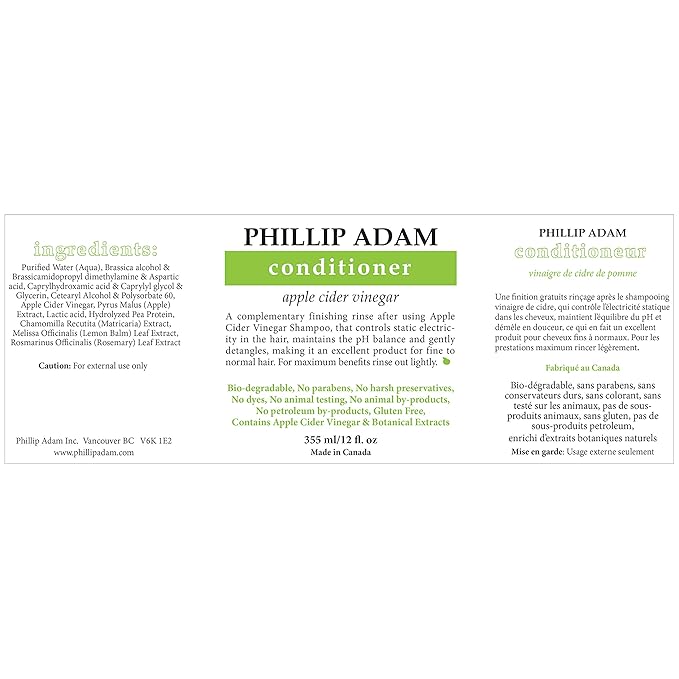 Phillip Adam Apple Cider Vinegar Shampoo and Conditioner Set for All Types of Hair - Sulfate Free - pH Balancing - 12 Ounce Each