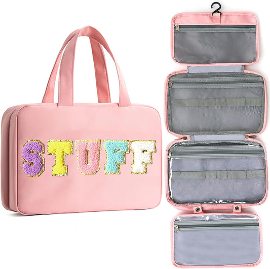 Toiletry Bag for Women Chenille Letter Makeup Bag Water-resistant Cosmetic Bag Travel Bag with Hanging Hook Preppy for Store Toiletries Cosmetic Accessories Large Capacity Light Pink