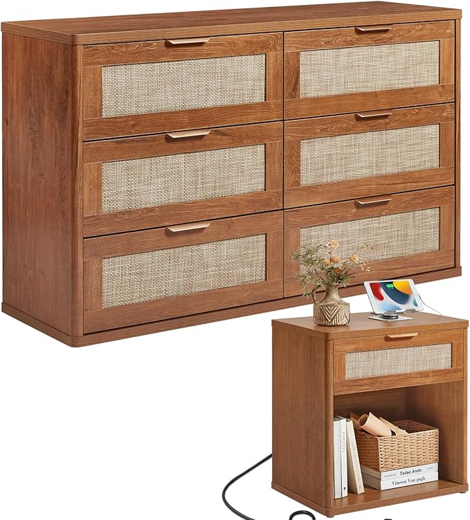 LEYAOYAO Rattan Dresser and Nightstand Set of 2, Boho Wood Dresser for Bedroom with 6 Drawers and Night Stand with Charging Station, Bedroom Furniture, Dressers & Chests of Drawers,Living Room,Hallway
