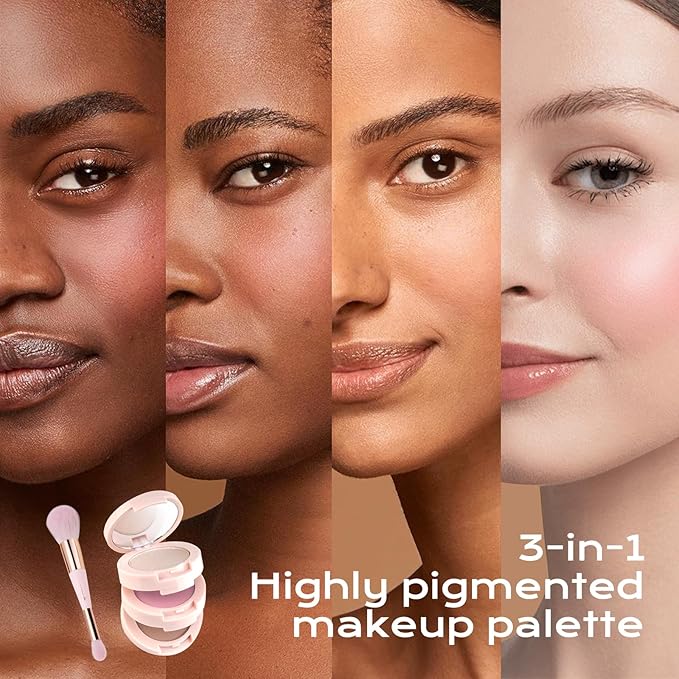 Color Nymph 3 Colors Contour Blush Highlighter Makeup Palette, Travel Size Make up Kit, Blush & Highlighter & Contour Powder Palette, Includes Brush and Mirror, Stacked Makeup Design （Pink）