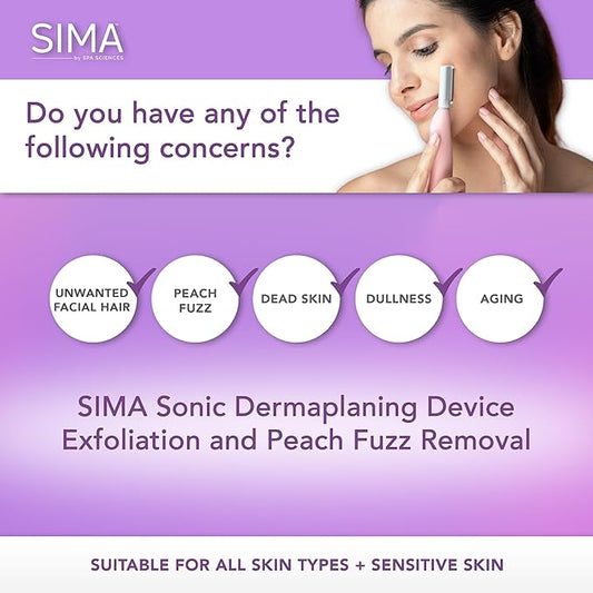 SPA SCIENCES - SIMA Patented Dermaplane Razor for Women Face – Painless 2-in-1 Facial Exfoliation & Peach Fuzz Hair Removal – Anti-Aging – 3 Speeds – Rechargeable – 7 Weeks Treatment