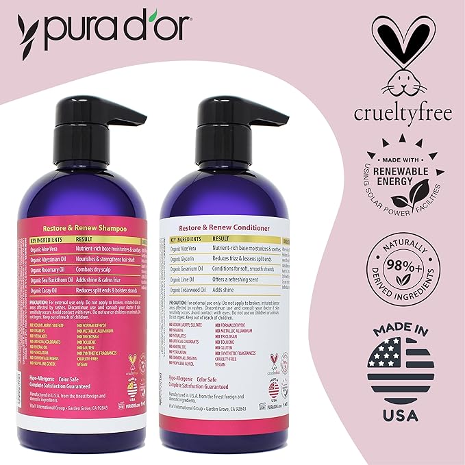 PURA D'OR Restore & Renew Shampoo and Conditioner Set for Strong, Healthy, and Nourished Hair with Organic Aloe Vera, Rosemary, Sea Buckthorn, Cacay, Coconut, Seaberry & Cedarwood