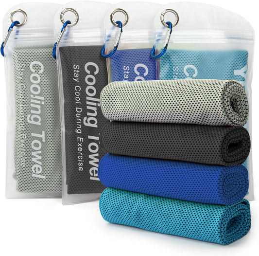 YESLIFE 4 Pack Cooling Towel 40"x12", Gym Towels for Men and Women, Soft Breathable Workout Towels for Yoga, Running, Sport, & More (Black, Dark Blue, Blue, Grey)