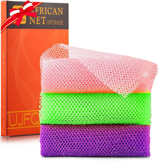 UJFQBH 3 Pieces African Bath Sponge African Net Long Net Bath Sponge Exfoliating Shower Body Scrubber Back Scrubber Skin Smoother,Great for Daily Use (Purple， Pink，Green)