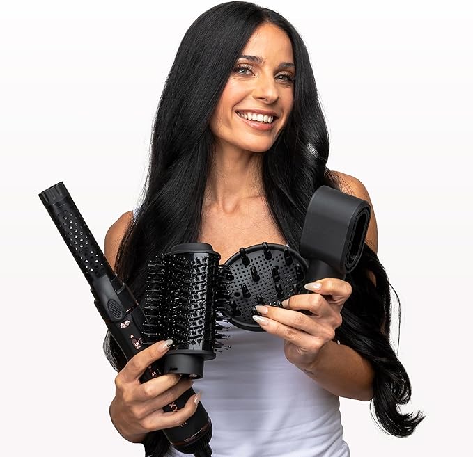 Foxybae Super Styler – 4-in-1 Blow Dryer Brush Set - Diffuser, Blowout Brush, 1.25” Curling Barrel & Drying Cylinder - Voluminous, Frizz-free Hair - Blow Dryer, Straightener & Curler [Black Rose-Gold]