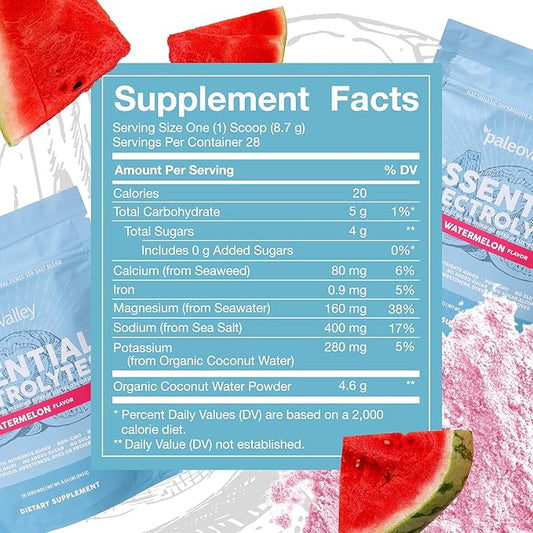 Paleovalley Essential Electrolytes Powder - Full Spectrum Watermelon Electrolyte Powder for Hydration, Energy and Muscle Recovery - No Sugar Added - 28 Servings