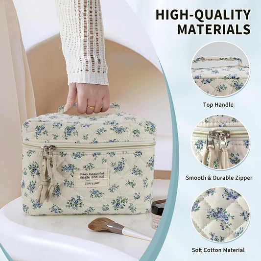 Cute Quilted Floral Makeup Bag(3Pcs)，Coquette Aesthetic Cosmetic Bag，Travel Toiletry Bags， Kawaii Aesthetic pouch for Women (4 - Little Blue Flower)