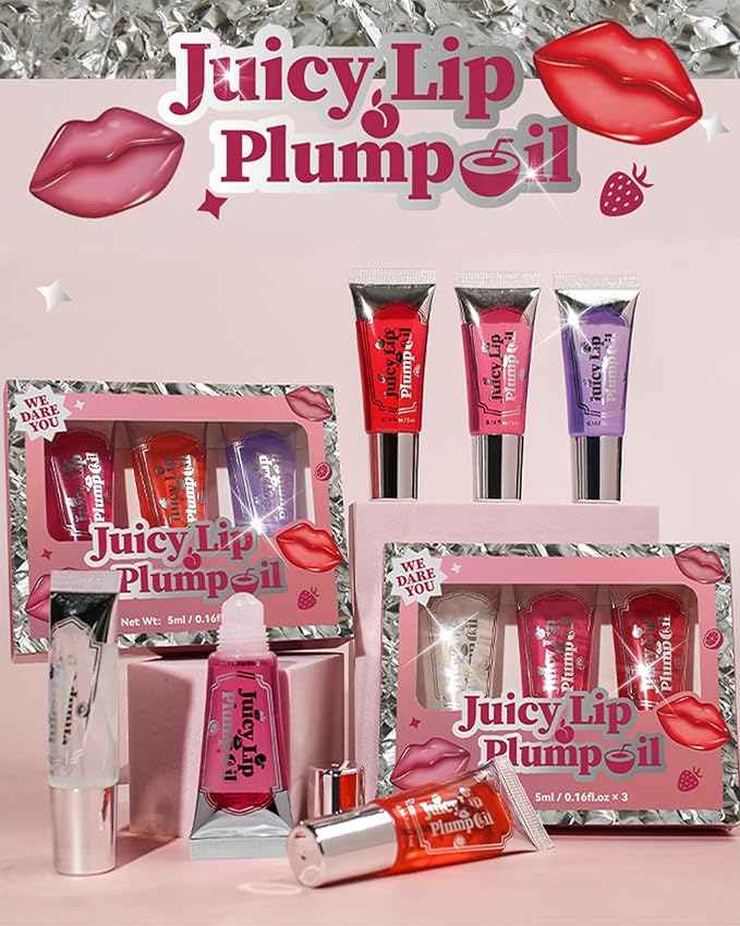 Plumping Lip Oil Kit-3Pcs Hydrating Glossier Tinted Lip Gloss,Long Lasting Lip Plumper and Pout Booster LIpgloss, Moisturizing Non-Sticky Natural Fuller Lip Tint Stain, Makeup Gift for Women-Set A