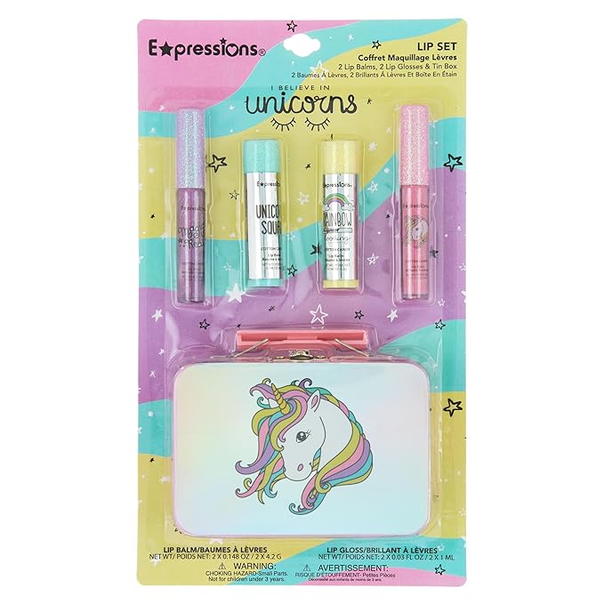 Expressions - 5pc Cosmetics Lip Kit For Kids w/Lip Glosses, Lip Balms & Tin Box Storage Case,I Believe in Unicorns Hologrpahic,Washable + Non Toxic
