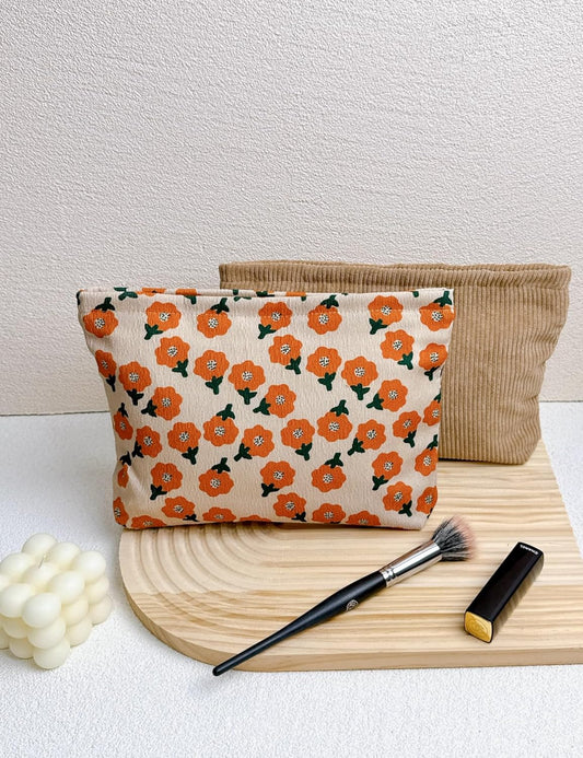 2 large makeup bags Women's Corduroy Canvas Makeup Bag, Travel Makeup Bag, Wallet Organizer, Khaki and Orange Flower Pattern