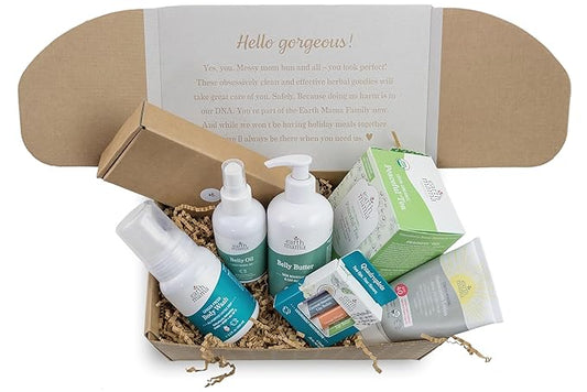 Earth Mama Pregnancy Pampering Gift Set|Organic Body Wash, Belly Butter, Lip Balm Set, Mini Deodorant Pack, Herbal Tea, Belly Oil & Sunscreen, 7 Pcs