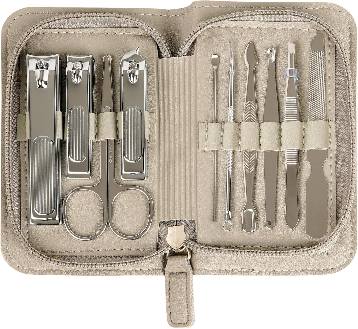 Premium Stainless Steel Nail Clippers Set - Travel Grooming Kit, 10pc Manicure/Pedicure Tools with PU Case - Unisex Gift for Men and Women(C-Grey)