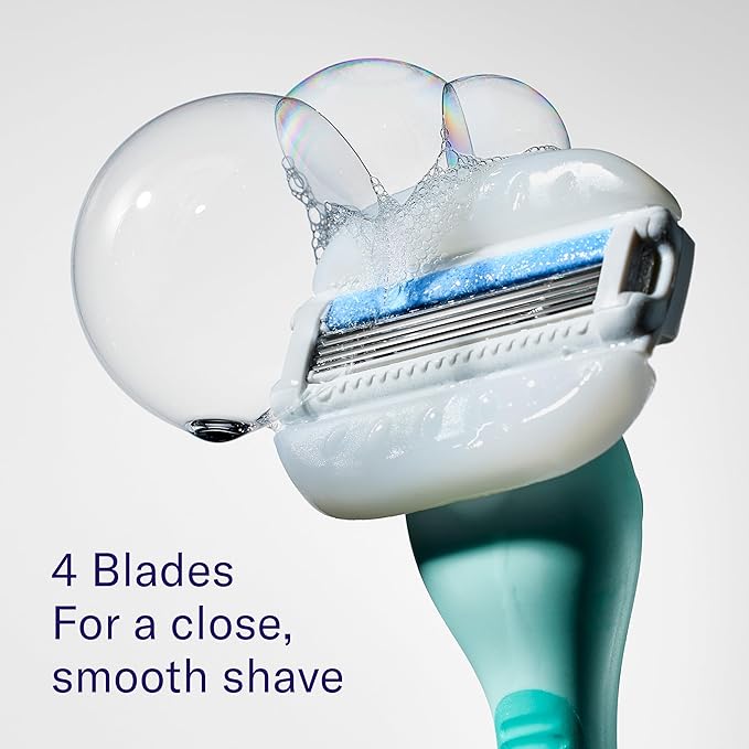 Flamingo Moisture Plus Women's Razor Set - Razor Handle, 4 Blade Refills, Shower Holder - Seafoam