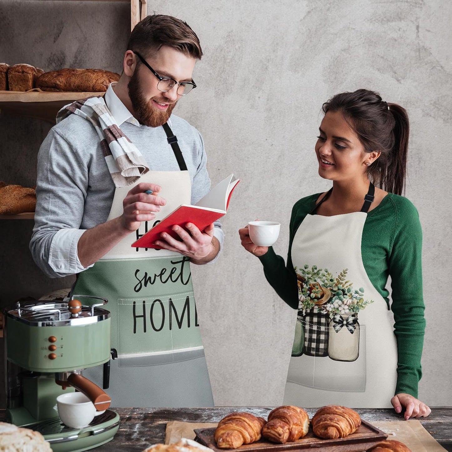 2 Pack Aprons, Eucalyptus Leaf Herbs Flowers Adjustable Bib Aprons with 2 Pockets for Women Men Couple Lovers Chef Home Kitchen Cooking Baking Gardening Cream Sage Green Stripe Apron 32x28 Inches