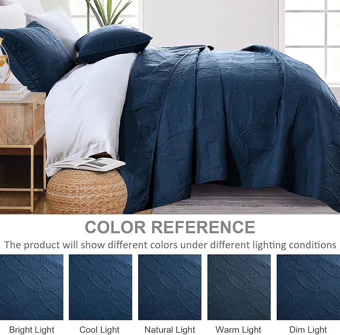 Yiran Navy Blue Quilt Set Queen Size Lightweight Bedspread Embossed Pattern Soft Microfiber Coverlet for All Season with 2 Pillow Shams (96"x90")