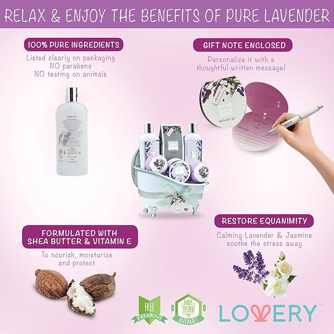 Bath Gift Basket Set for Women: Relaxing at Home Spa Kit Scented - Lavender and Jasmine with Large Bath Bombs, Salts, Shower Gel, Body Butter Lotion, Bath Oil, Bubble Bath, Loofah & More