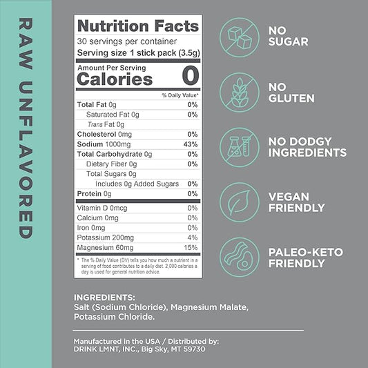 Drink LMNT Zero Sugar Electrolytes - Raw Unflavored Salt | Drink Mix | 30-Count