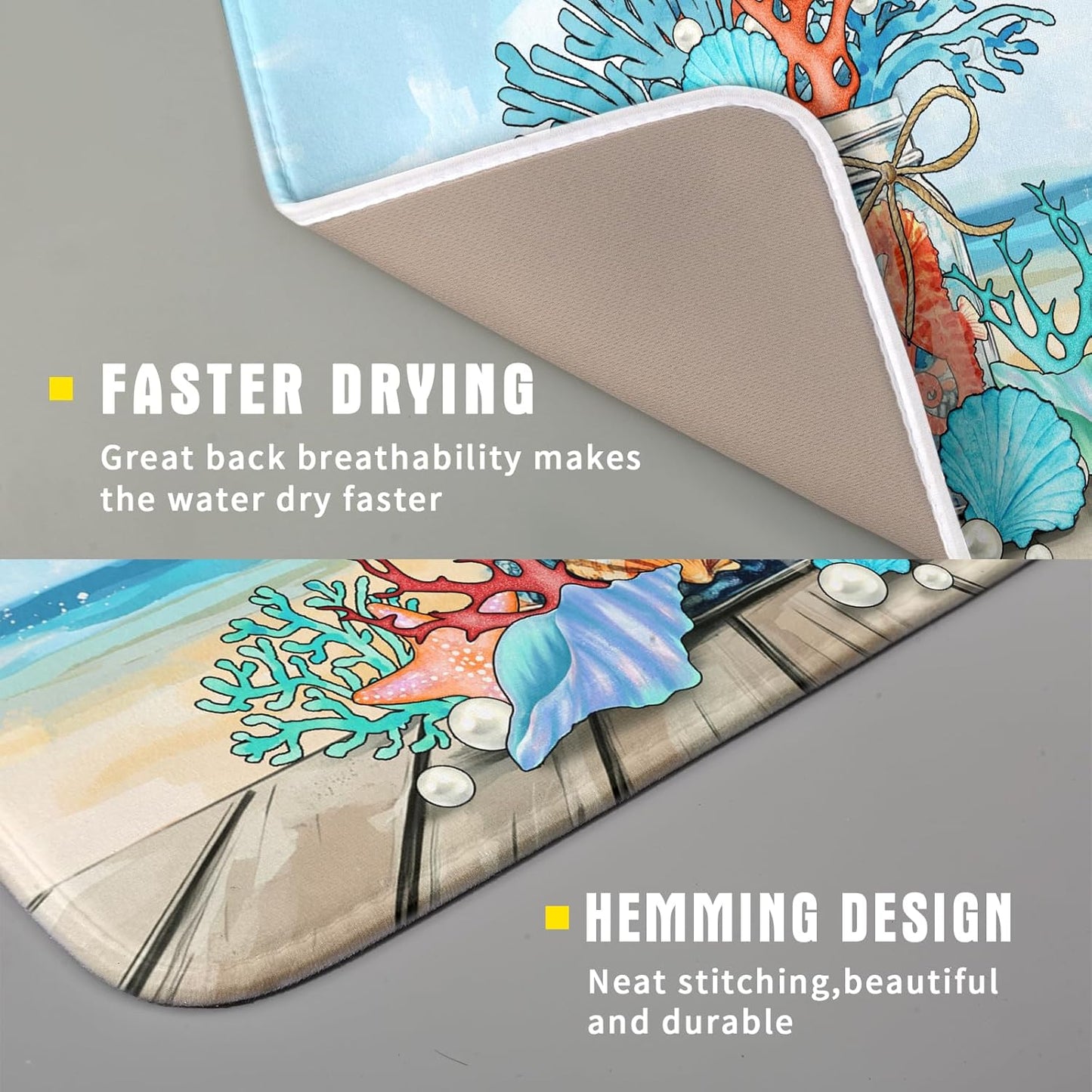 Coastal Coral Dish Drying Mat 16x18 inch Starfish Shell Fast Dry Microfiber Dish Rack Mats Drainer Pad for Countertop Kitchen Table Decor