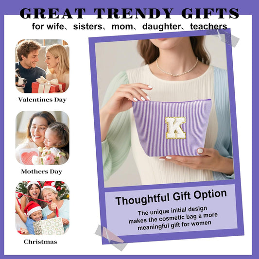 Initial Makeup Bag Set - Cute Purple Stuff for Women, Makeup Pouch Cosmetic Bag Small Makeup Bag for Purse, Travel Essentials Toiletry Bag for Women Birthday Gifts, Purple Letter E