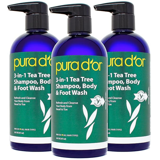 PURA D'OR 3-in-1 Tea Tree Shampoo, Body & Foot Wash, Shampoo (16oz x3 = 48oz) Total Body Care - Foot Odor & Daily Hygiene, Cleansing Routine, Post-Workout Refreshment - Soothes, Invigorates, Nourishes