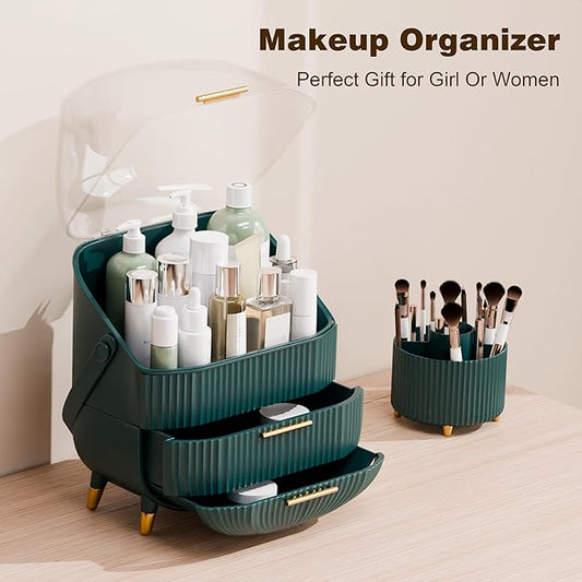 Makeup Organizers and Storage Make up Organizer for Vanity Cosmetics Skincare With Lid and Drawers Display Cases for Countertop Bathroom Women Teenager Girl Gifts(Dark Green+Brush Holder)