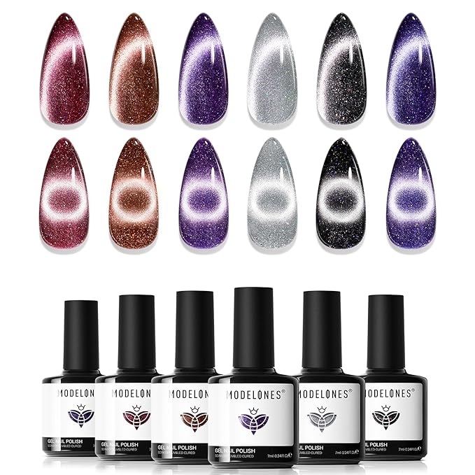 modelones Cat Eye Gel Nail Polish Set, 6 Colors 9D Glassy Cat Eye Glitter Gel Polish Black Red Purple Blue Silver Brown Nail Polish All Seasons with Magnet Soak Off Led DIY Salon Gift