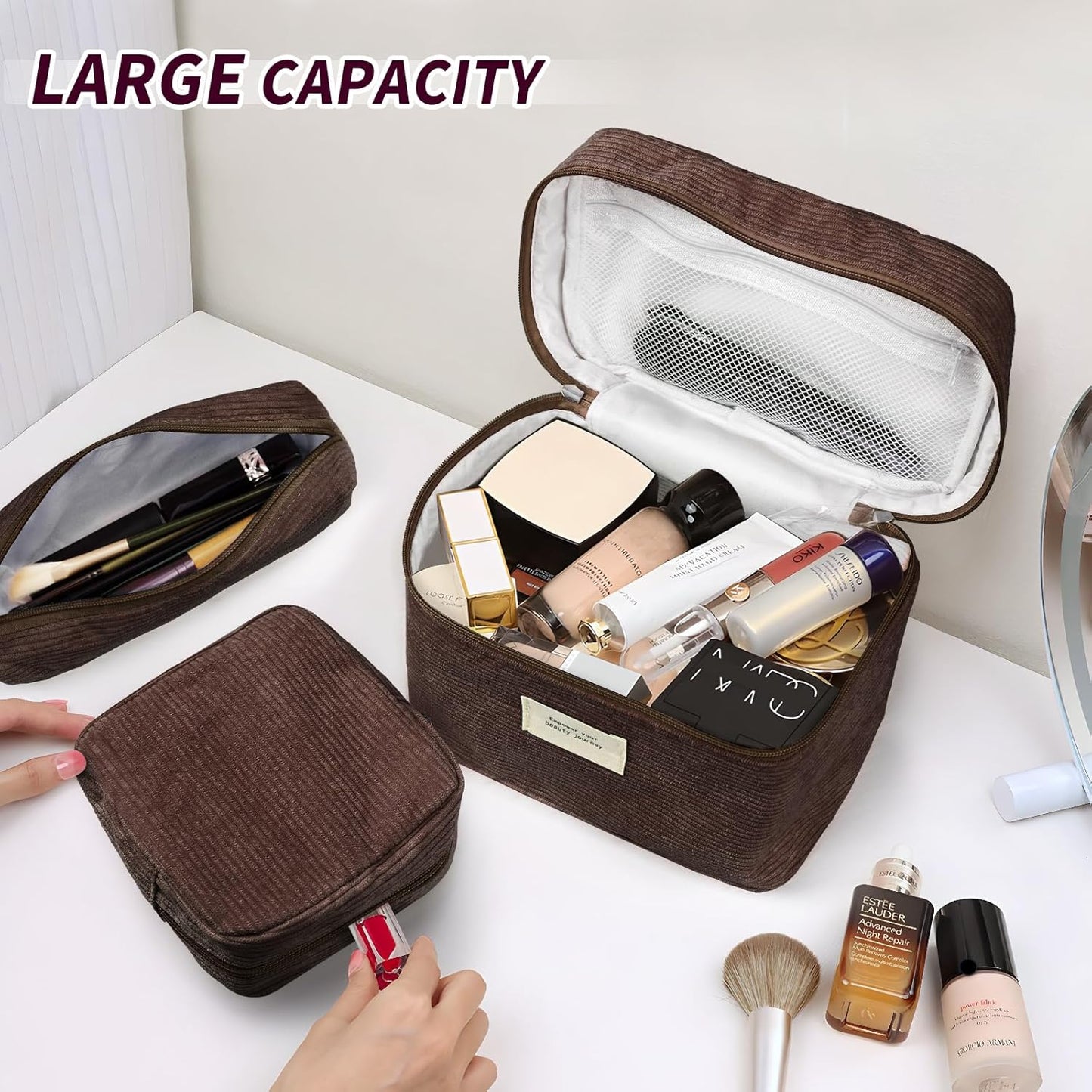 4 Pcs Makeup Bag for Women Corduroy Cosmetic Bag Aesthetic Cute Bags Multi Size Purse Pouch Travel Toiletry Bag Set Makeup Organizer with Zipper (BrownCorduroy)