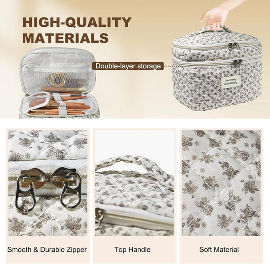 3Pcs Large Travel Quilted Makeup Bag, Double Layer Cute Floral Cotton Toiletry Bag, Aesthetic Flower Cosmetic Bag Coquette Skincare Organizer Bag for Women(75-BlackFloral)