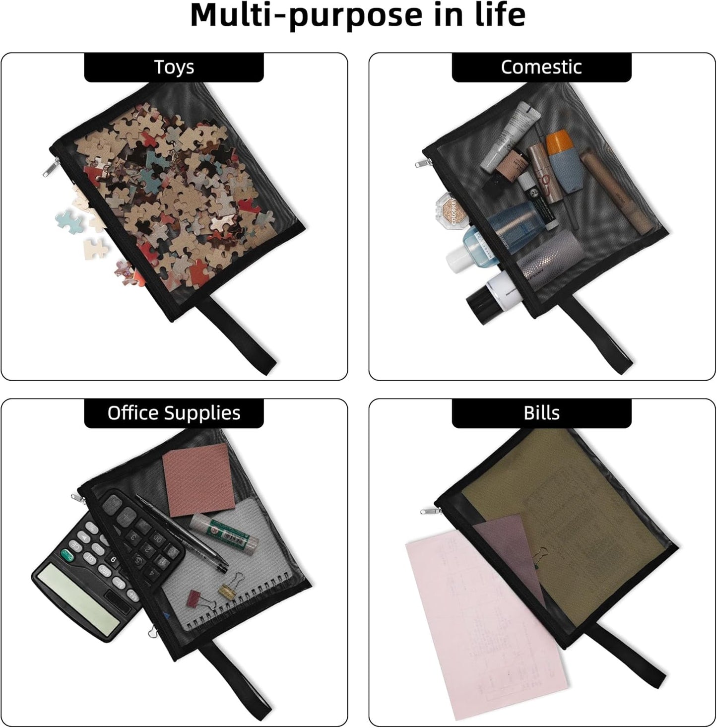 12 Psc Mesh Zipper Pouch Bags,Small Comestic Makeup Bage For Travel, Purse Organizer Pouches (Black, A5*12)