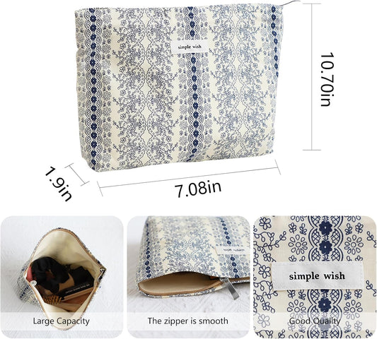 Wudygirl Makeup Bag Cute Cosmetic Bag for Women Large Capacity Makeup Pouch Travel Make-up Organizer Canvas Toiletry Bag Pouches for Purse with Zipper (Navy Blue Striped Floral)