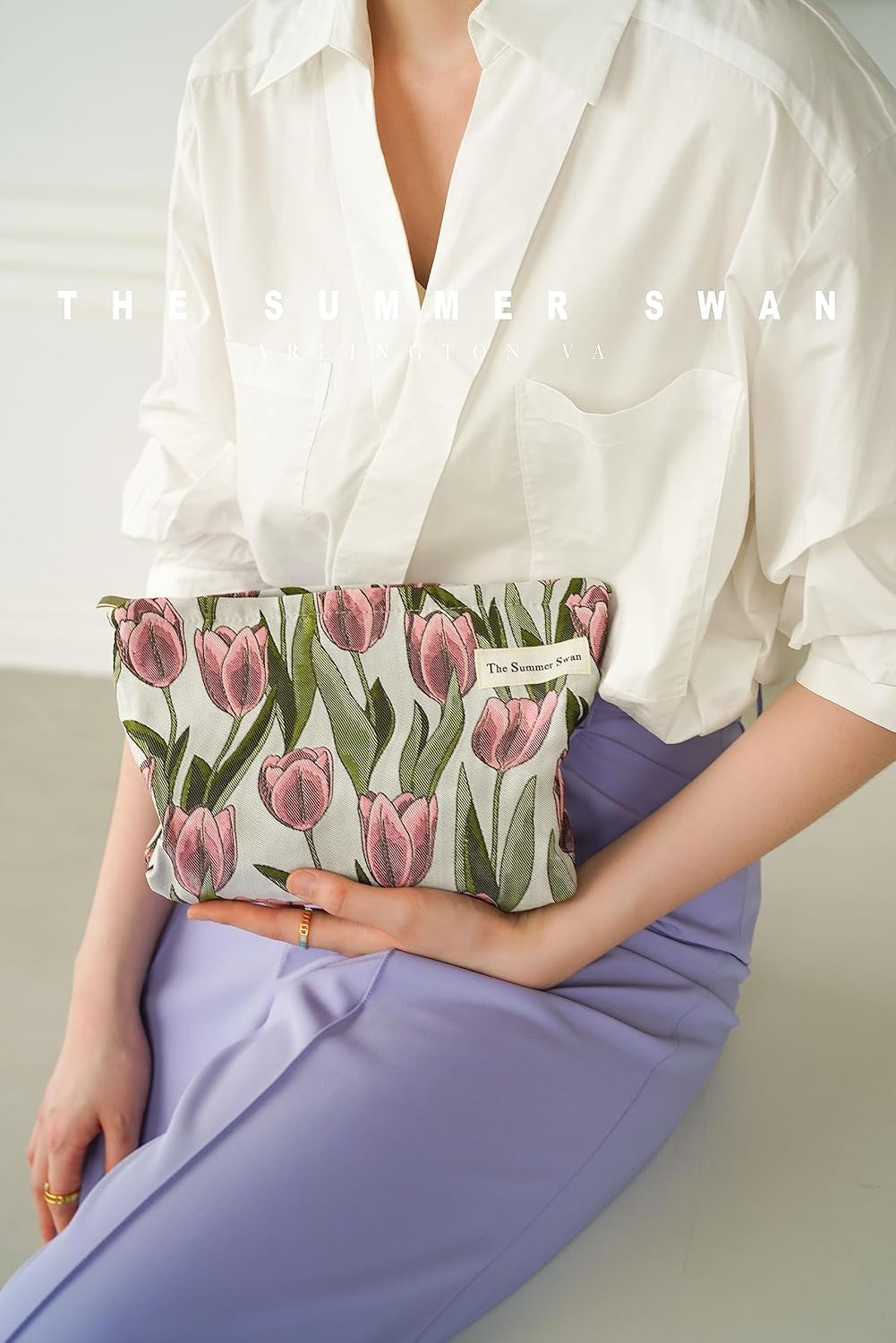 The Summer Swan | Large Aesthetic Makeup Bag Floral Mid-day Clutch Period Kit Hygiene Skincare Cute (Burgundy Tulip)